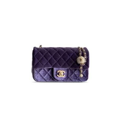CHANEL MINI FLAP BAG VELVET, DIAMANT & GOLD-TONE METAL PURPLE AS1787 (20*13*7cm)